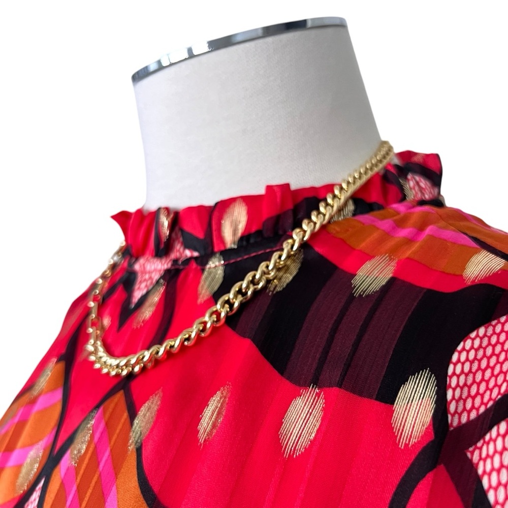 New JOIE Multicolored Ruffle Mandarin Collar Puff Sleeve Blouse Gold Accent Sz M - Picture 3 of 12